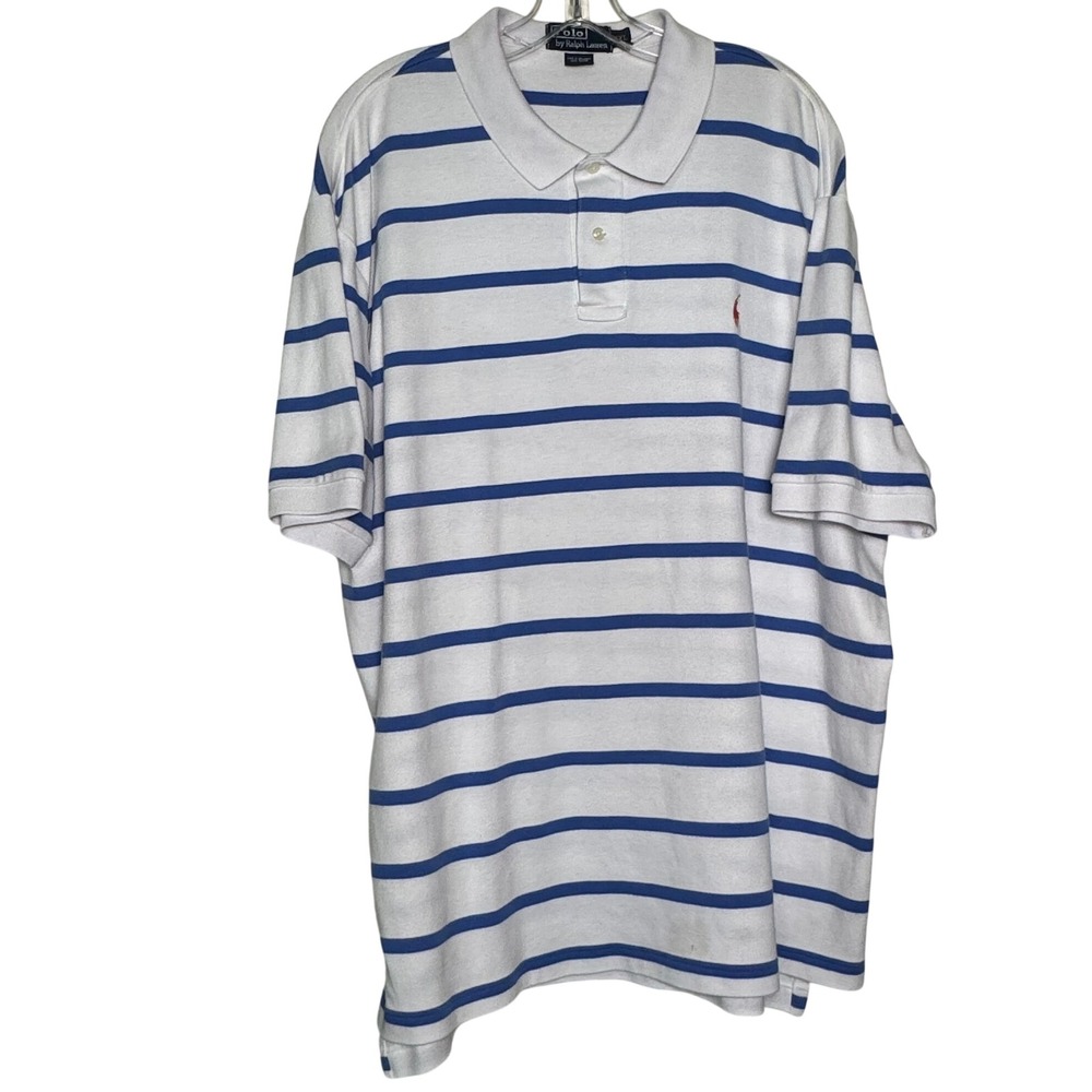 Polo Ralph Lauren Mens XXL White Blue Striped Short Sleeve Cotton Polo Shirt